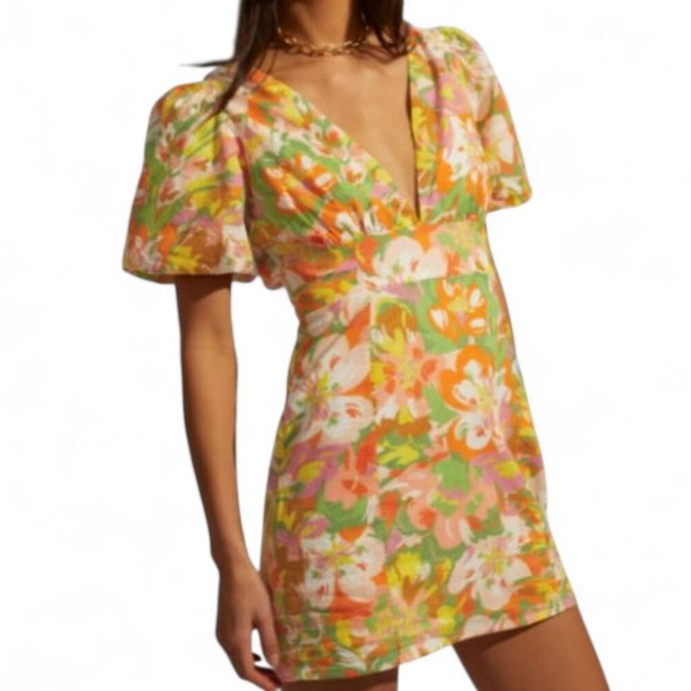 Showpo Taurina Mini Dress‎ Women's Floral Paneled Plunge Puff Sleeve Whimsy 8